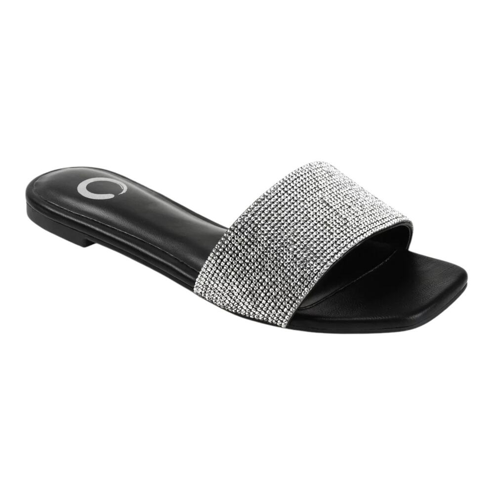 Journee Women's Grayce Rhinestone Flat Sandals Black Size 6 1/2